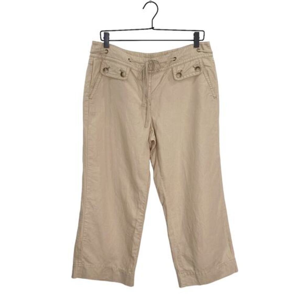Ann Taylor Pants Women Size 10 Beige Linen Blend Wide Leg Draw String 24" Inseam